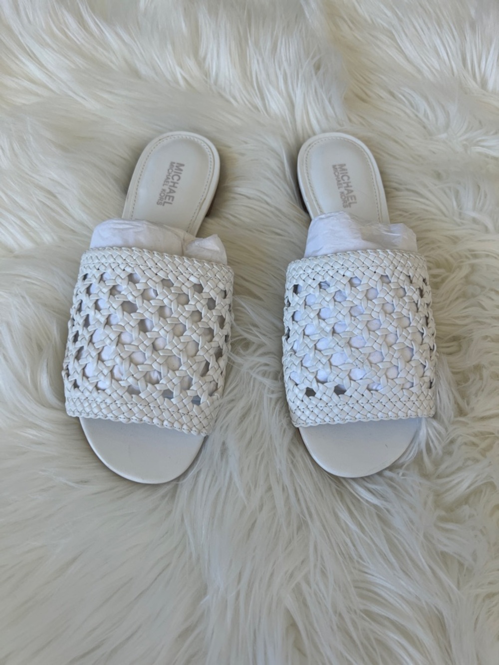 Michael Kors White Augustine Woven Slide Sandals NWT